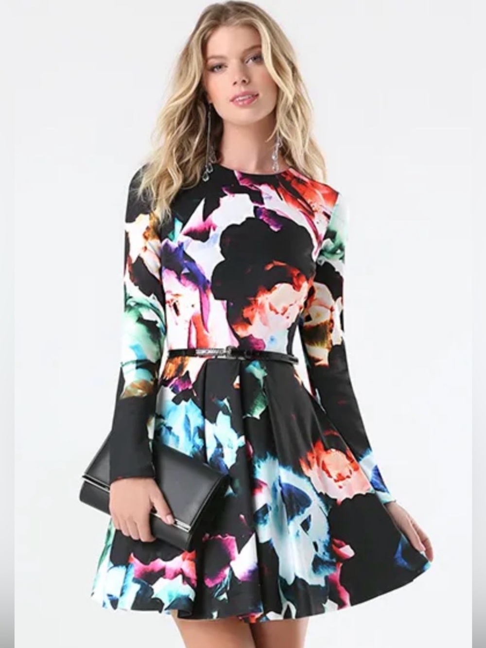 bebe Black Floral Abstract Long-Sleeve Fit & Flare Dress